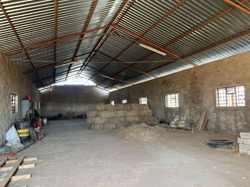 A large, open-plan utility or storage barn featuring a high corrugated metal roof, exposed steel trusses, and concrete flooring.
