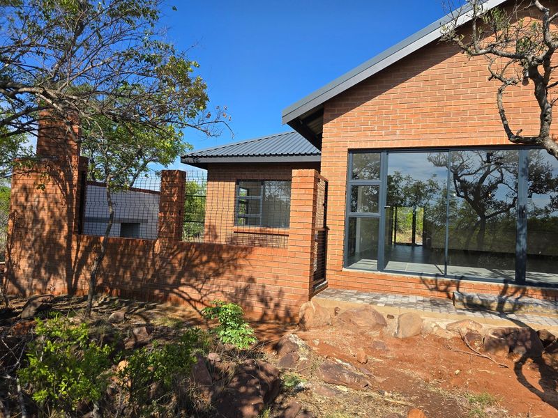 Rear view of a modern face brick house featuring large sliding glass doors, a metal roof, and a paved patio area.