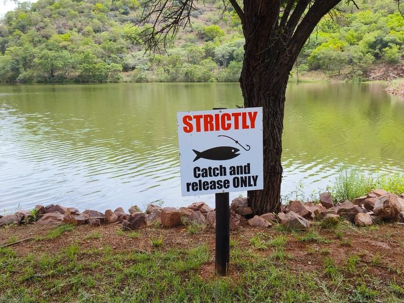 A scenic view of a natural lake surrounded by lush green hills and trees, featuring a catch and release fishing sign.