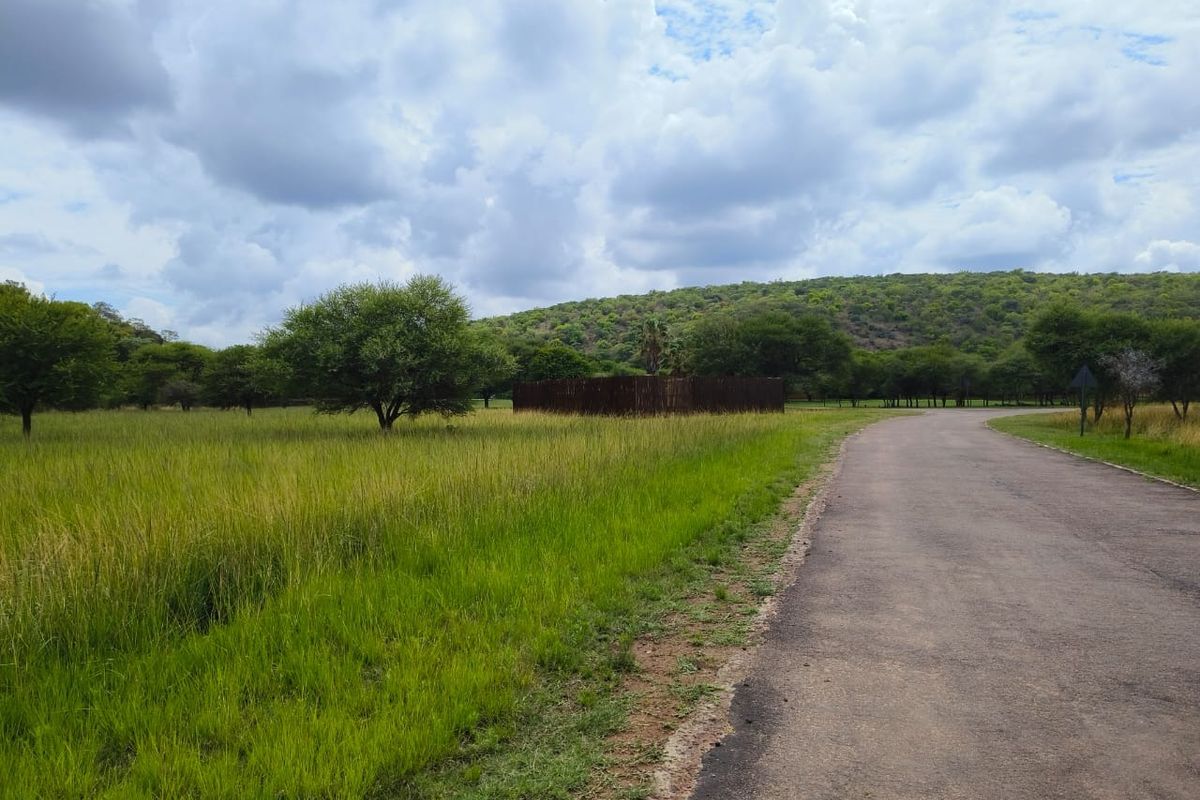 A view of a paved road leading through a grassy, undeveloped residential plot with surrounding trees and hills.