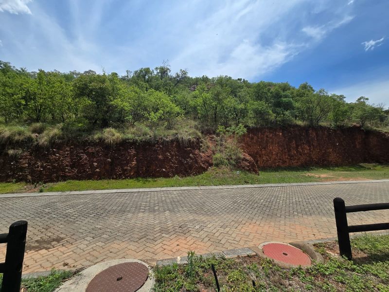 A view of a vacant residential plot featuring a paved driveway and a natural sloped embankment with established trees.