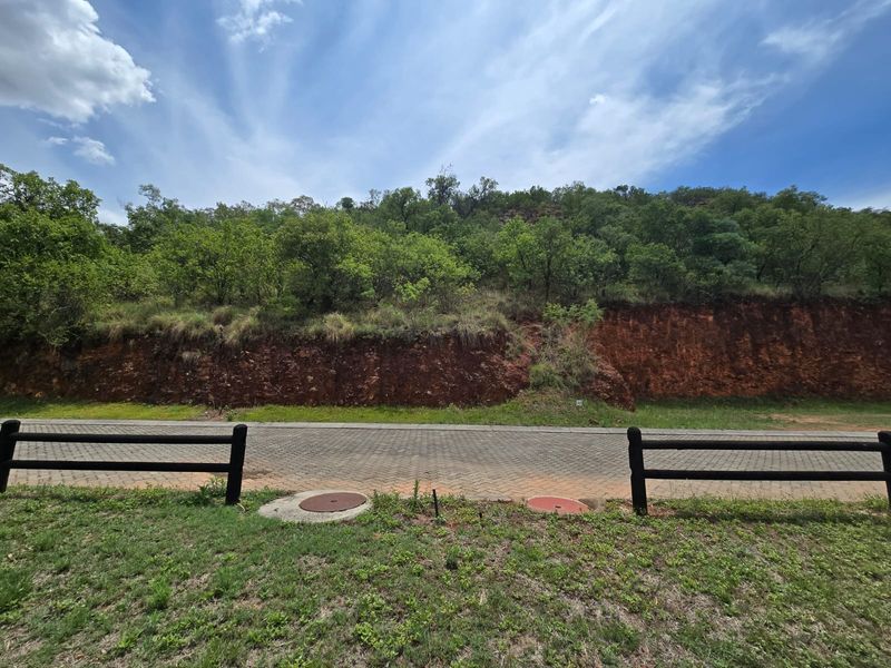 A view of the paved street frontage and adjacent embankment, featuring established timber fencing and utility access points on a vacant residential plot.