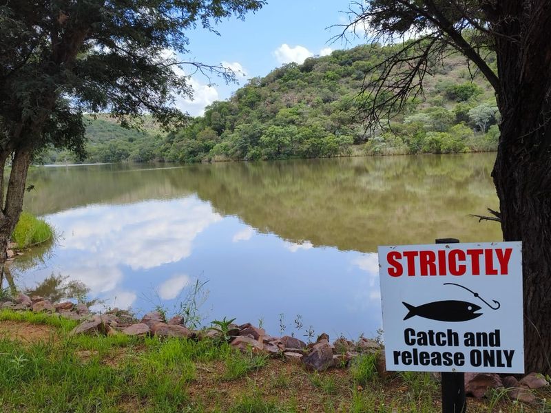 A scenic view of a tranquil lake surrounded by natural hills and lush vegetation, featuring a catch and release fishing sign.