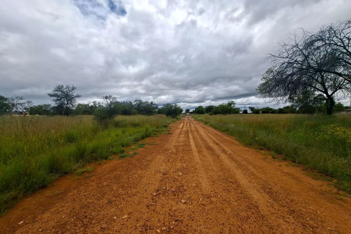 A view of an unpaved dirt road leading through a vacant residential plot with natural vegetation under a cloudy sky.