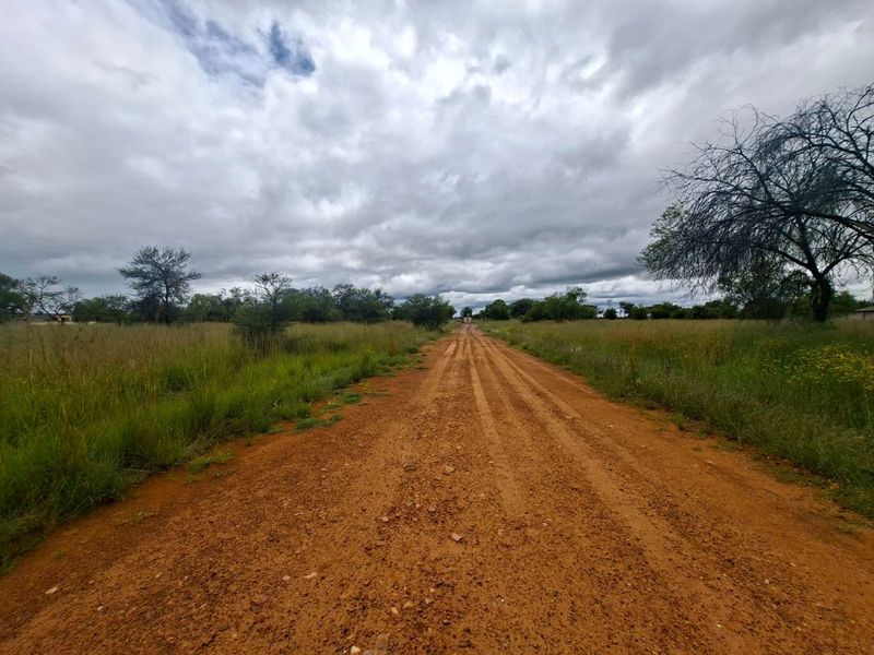 A view of an unpaved dirt road leading through a vacant residential plot with natural vegetation under a cloudy sky.
