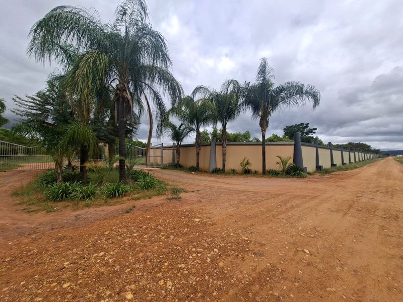 A view of the property entrance featuring a secure perimeter wall, metal gate, and established palm trees along a dirt access road.