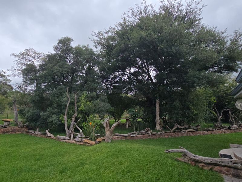 A well-maintained garden area featuring a stone retaining wall, lush lawn, and mature trees, adjacent to the property's exterior patio.