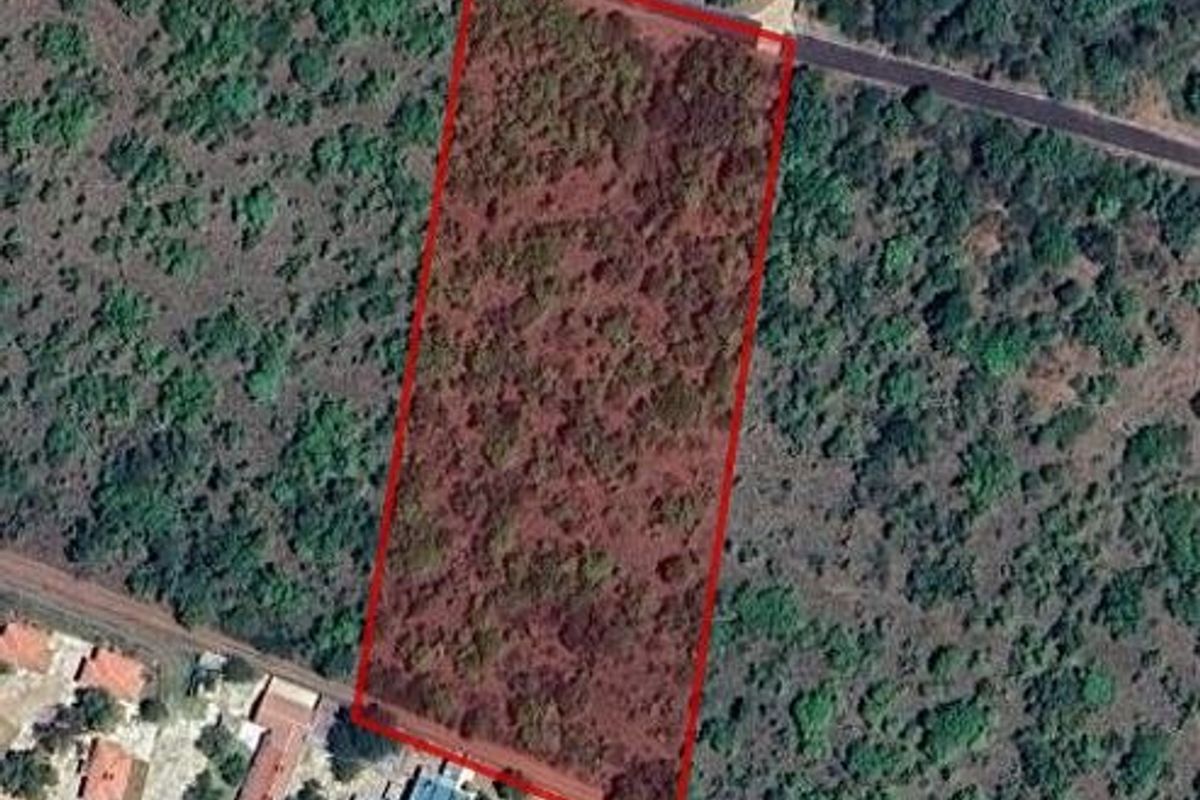 An aerial view of a vacant residential plot of land, clearly demarcated with red boundary lines, situated in a natural, undeveloped setting.