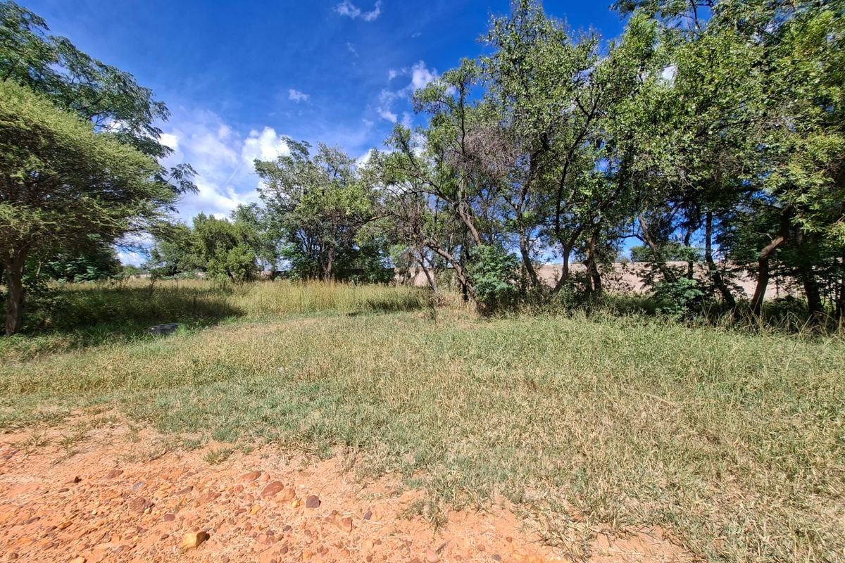 A view of a vacant residential plot featuring natural grassland and mature trees under a clear blue sky.