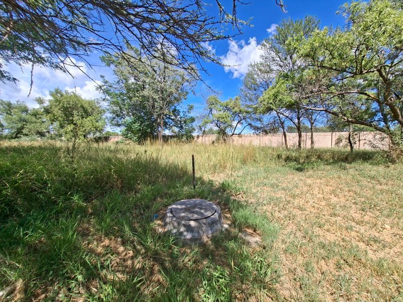 A view of a vacant residential plot featuring overgrown grass, mature trees, a perimeter wall, and a visible manhole cover.