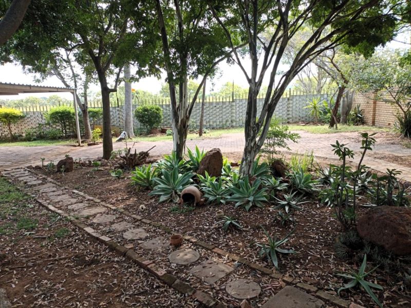 A spacious garden area featuring mature trees, landscaped garden beds, and a paved driveway enclosed by a brick boundary wall.