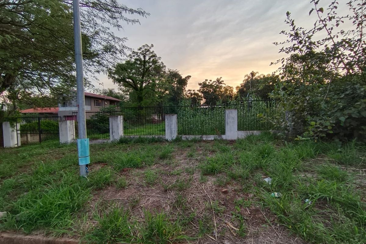 A view of a vacant residential plot featuring a concrete boundary wall with metal fencing and an adjacent utility pole.