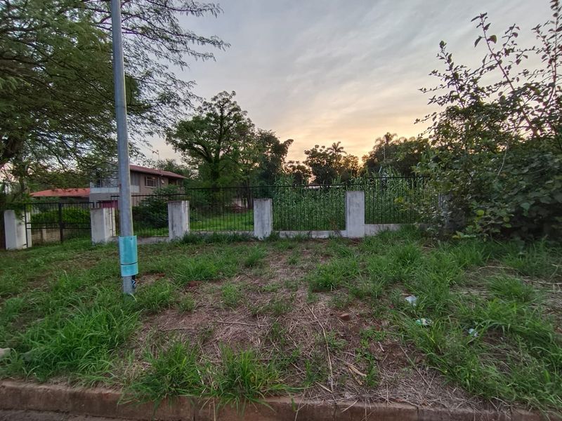 A view of a vacant residential plot featuring a concrete boundary wall with metal fencing and an adjacent utility pole.