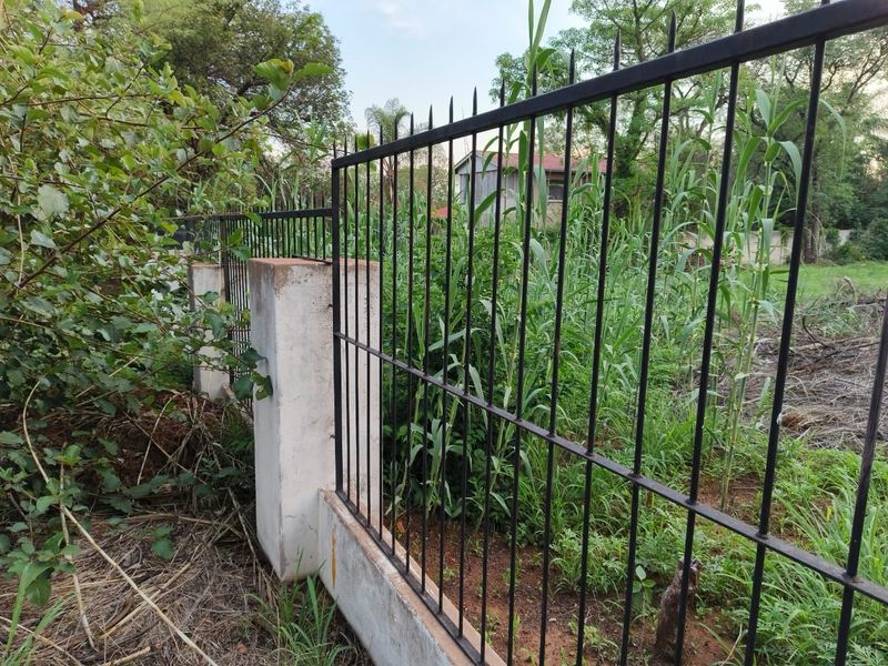 A view of the property boundary featuring a metal spike fence mounted on concrete pillars, surrounded by overgrown vegetation.
