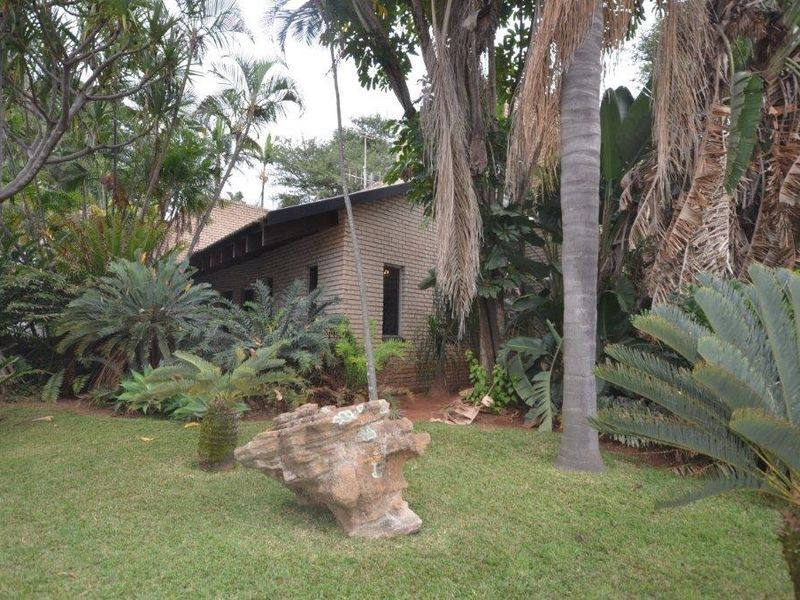 A view of the rear brick facade of the house, surrounded by a mature, lush garden with established trees and shrubs.