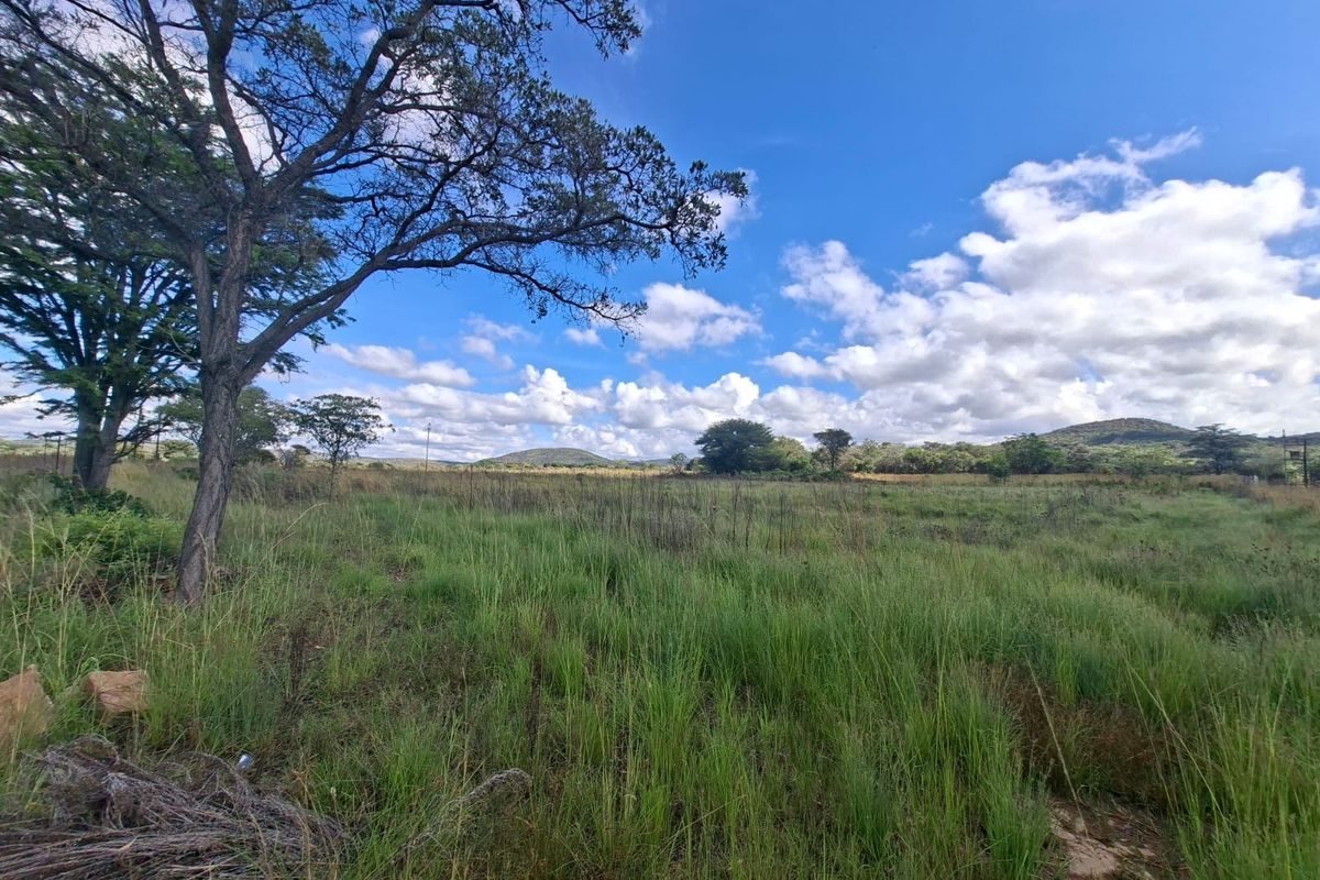 A wide-angle view of a vacant residential plot featuring natural grassland, mature trees, and distant hilly terrain under a clear blue sky.