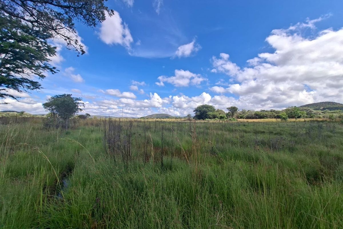 A wide-angle view of a vacant residential plot featuring natural grassland, scattered trees, and distant hills under a clear blue sky.