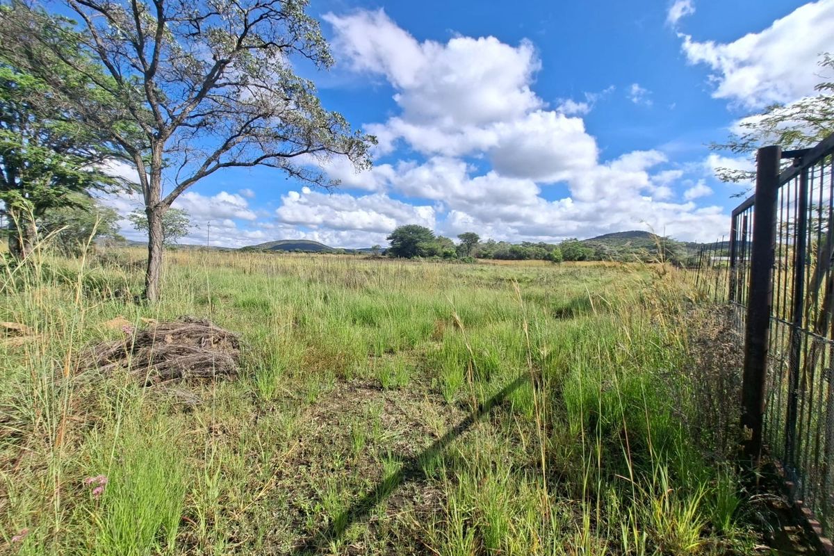 A view of a vacant residential plot featuring natural grass, mature trees, and existing metal perimeter fencing under a clear blue sky.