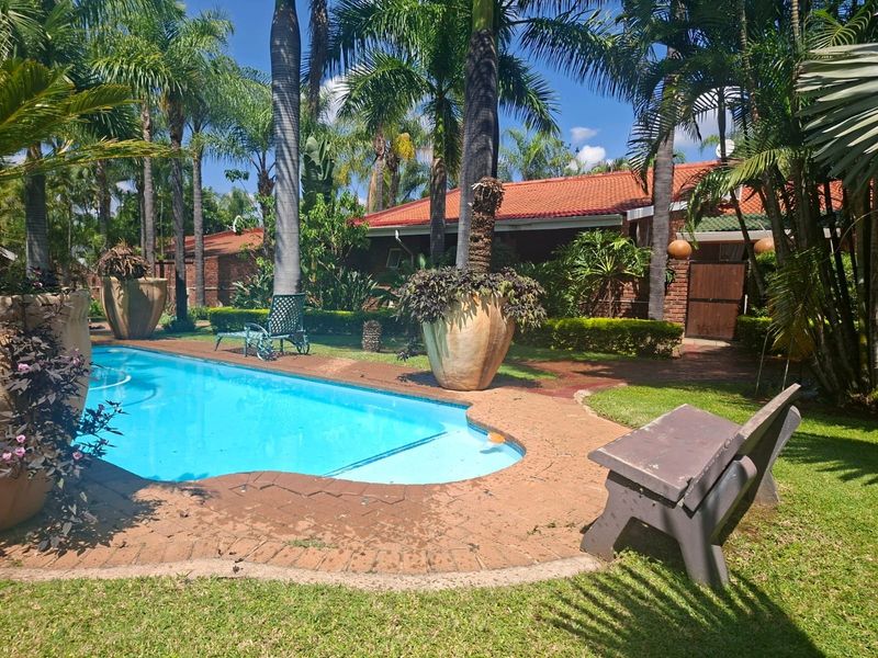 A well-maintained outdoor pool area featuring a swimming pool, brick paving, and lush garden surroundings with mature palm trees.