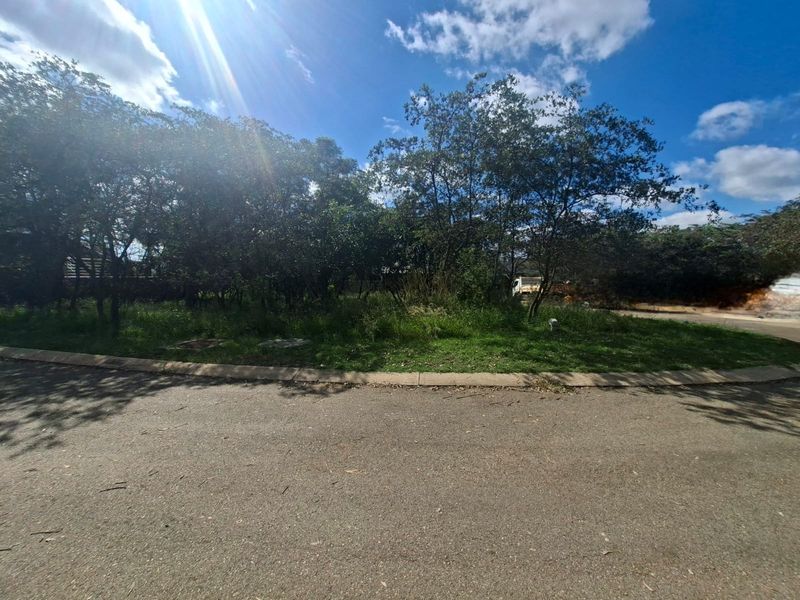 A view of a vacant residential plot featuring mature trees, grass verge, and paved road access.