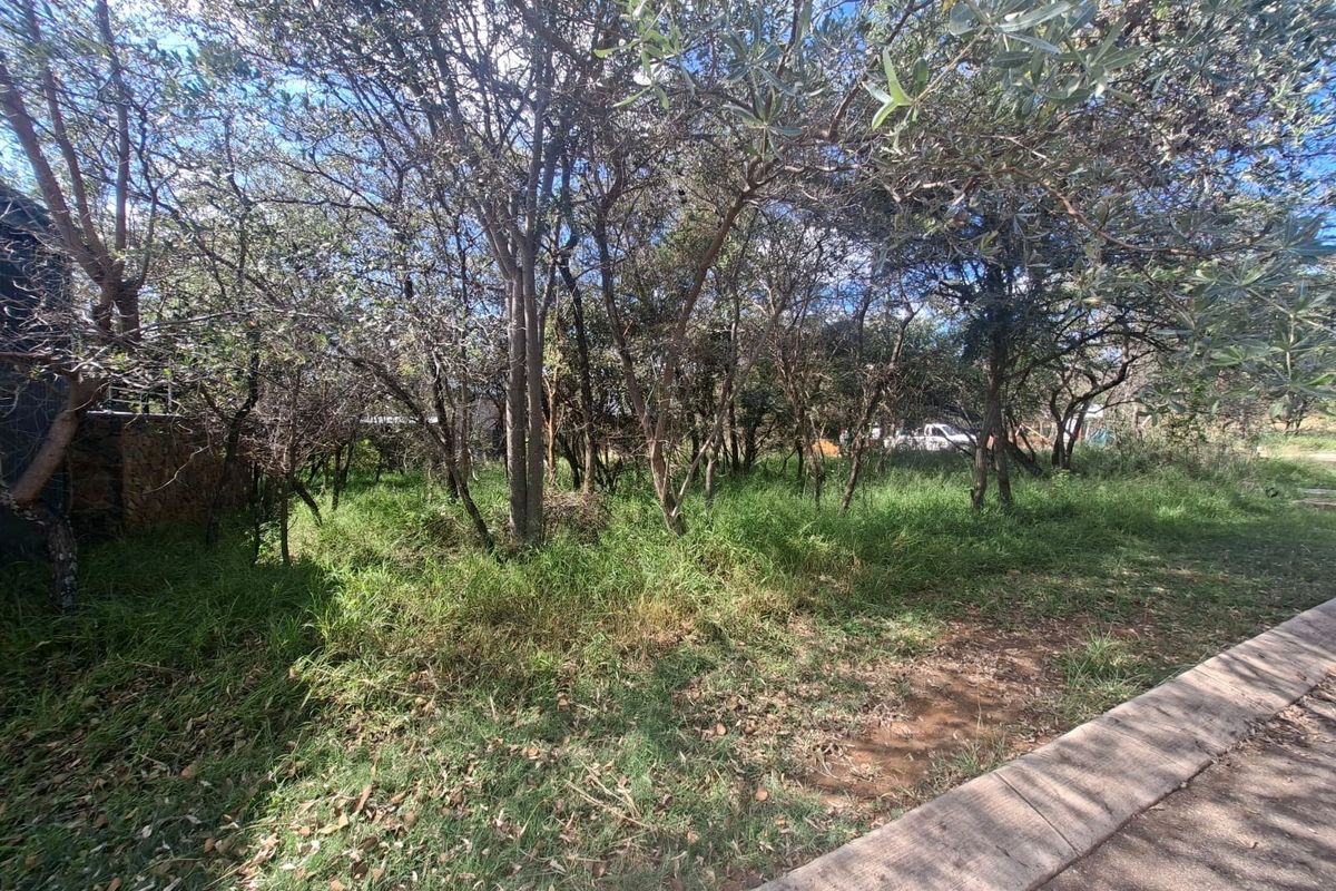 A view of a vacant residential plot featuring established trees and natural vegetation, bordering a paved walkway.