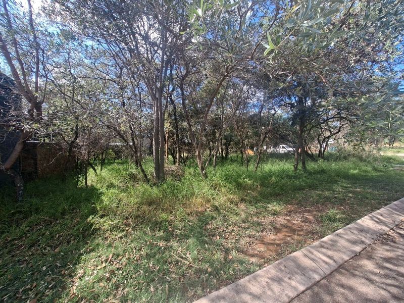 A view of a vacant residential plot featuring established trees and natural vegetation, bordering a paved walkway.