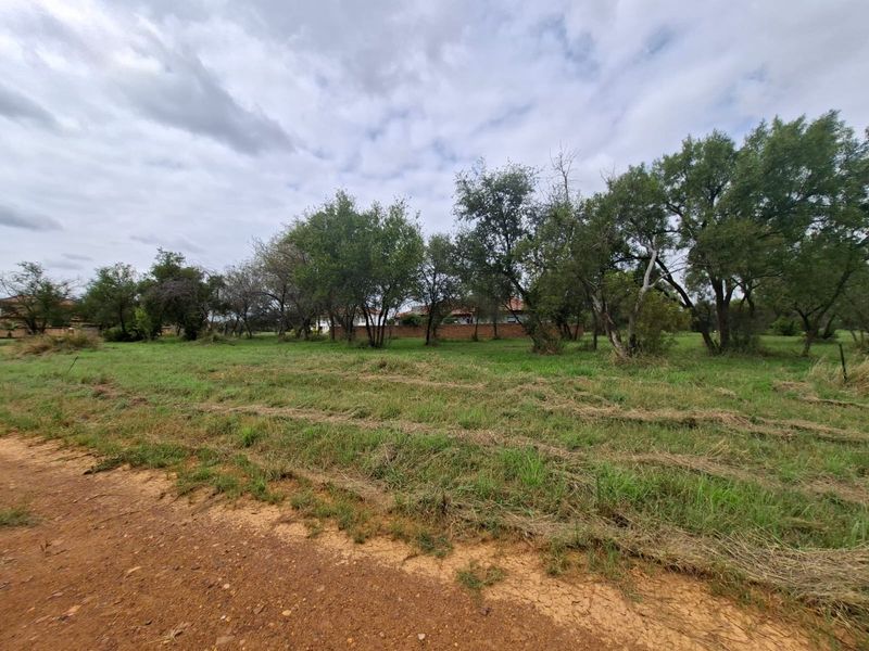 A view of a vacant residential plot featuring established trees and natural grassland, accessible via a dirt road.