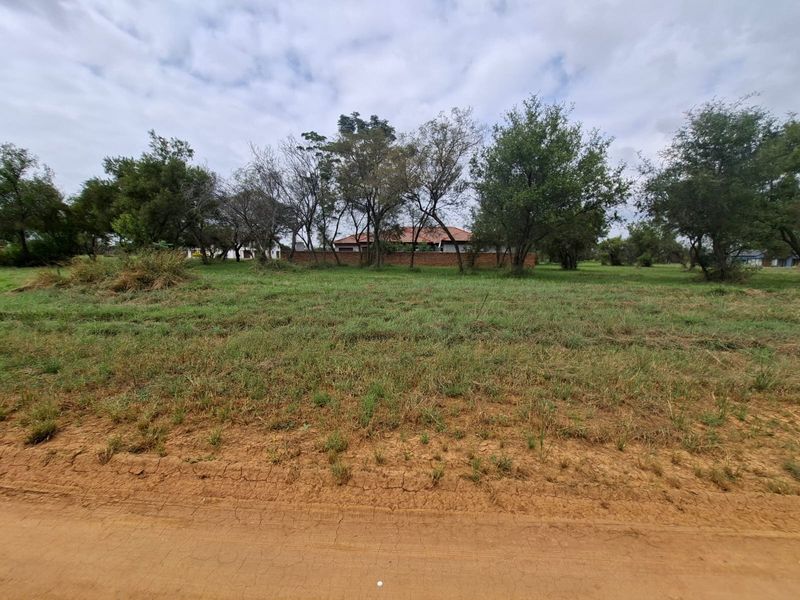 A view of a vacant residential plot featuring natural grassland, mature trees, and a boundary wall in the background.