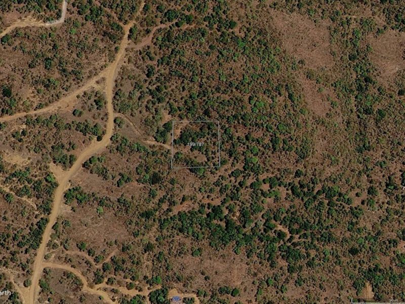 An aerial view of a vacant residential plot featuring natural vegetation and surrounding dirt access tracks.