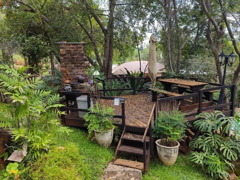 A raised timber deck featuring a built-in brick braai, timber balustrades, and stairs, set within a lush, tree-filled garden environment.