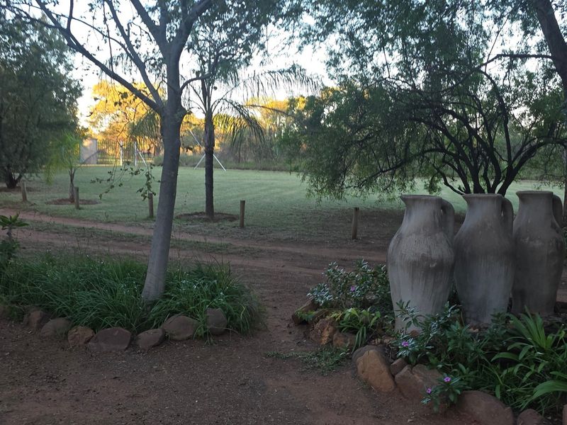 A scenic view of a well-maintained garden area on a small holding, featuring mature trees, a dirt driveway, and decorative stone landscaping.