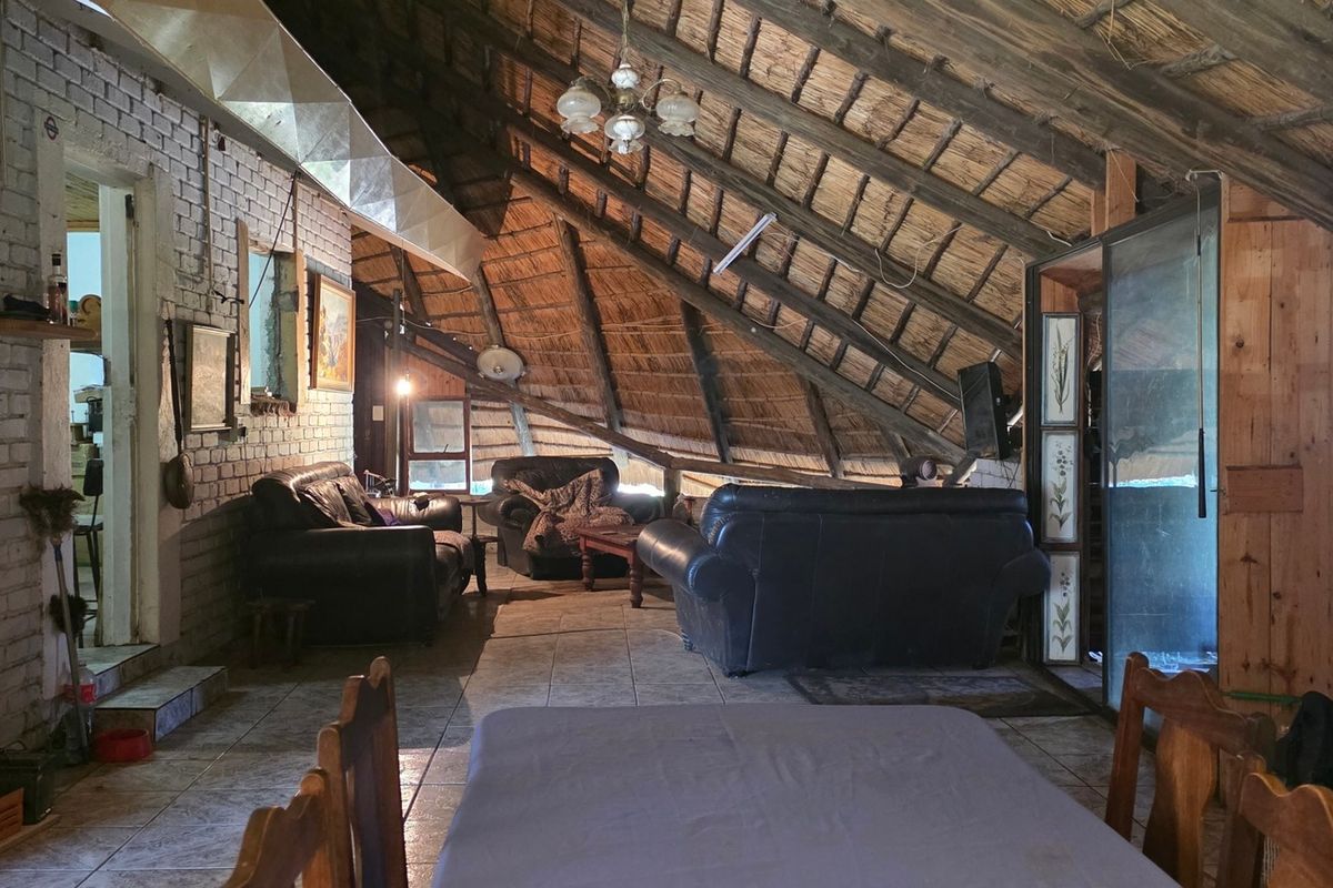 Spacious living area featuring a rustic exposed thatch roof, timber rafters, painted brick walls, and tiled flooring, offering a unique character-filled interior space.