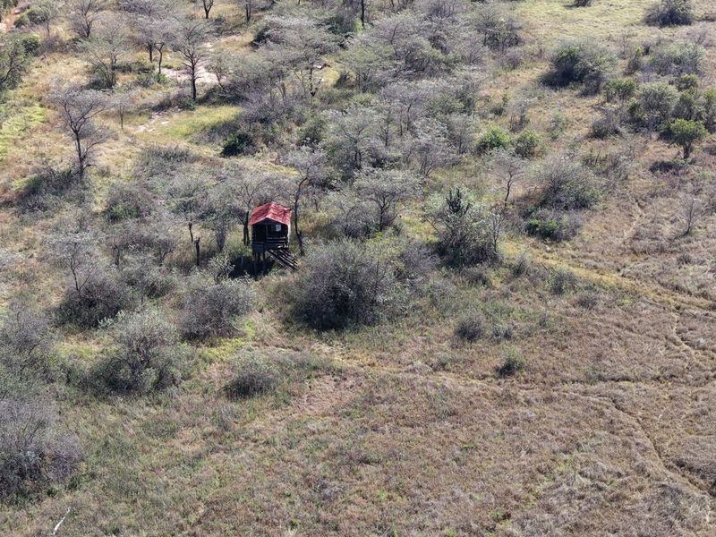 Aerial view of a small, elevated wooden structure with a red corrugated metal roof situated within a large, undeveloped bushveld landscape.
