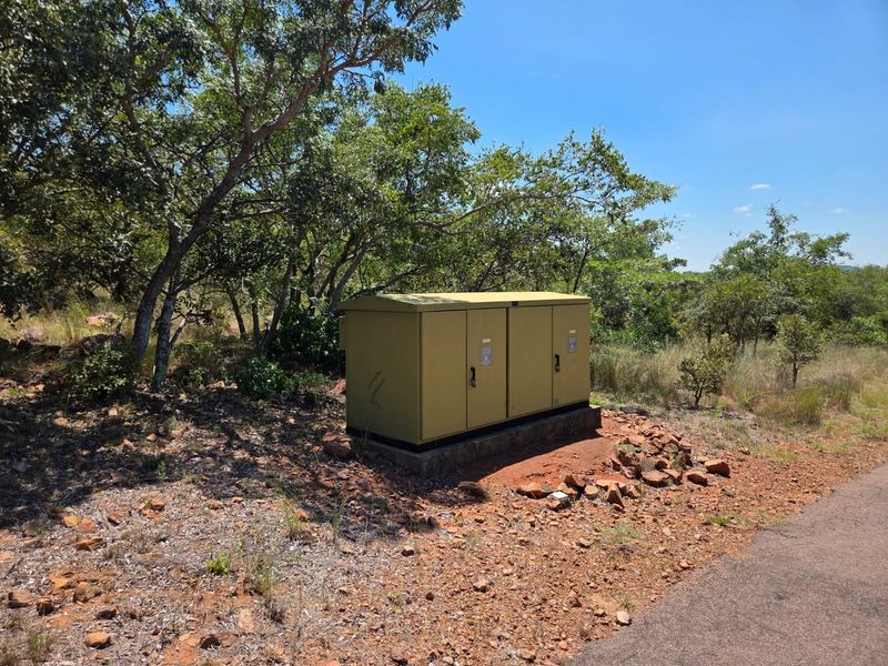 A view of an electrical transformer box situated on a concrete base within a natural, undeveloped residential land setting.