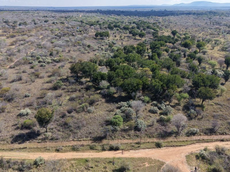An aerial view of the expansive farm property, showcasing the natural landscape, vegetation, and surrounding dirt road access.