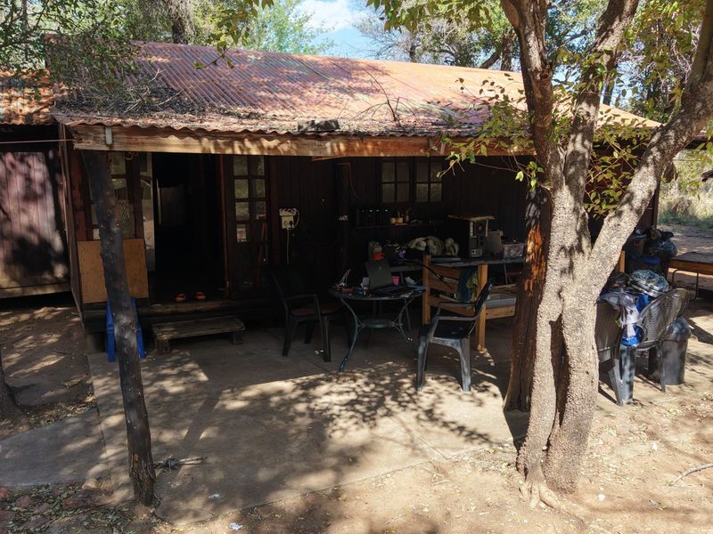 A rustic outdoor patio area featuring a corrugated iron roof and timber structure, set within a natural, wooded farm environment.