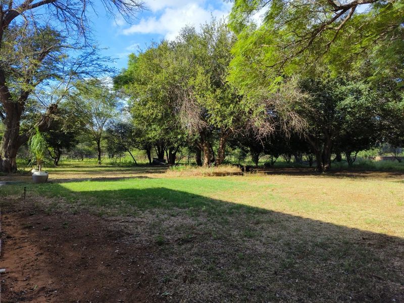 A spacious, well-established garden area featuring mature trees and a large lawn, providing a peaceful outdoor setting on the farm property.