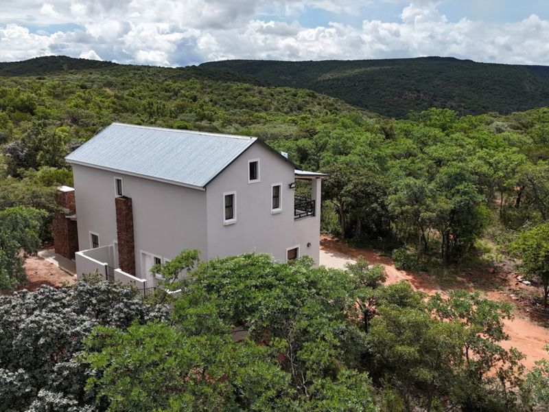 Aerial view of a two-story house with a metal roof and stone chimney, nestled in a lush, wooded landscape.