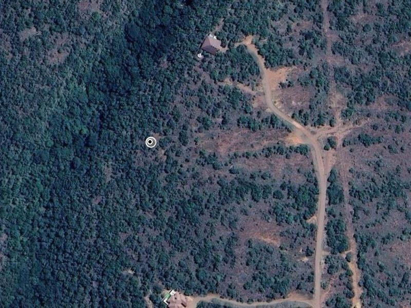 An aerial view of a vacant residential plot featuring natural vegetation and access road connectivity within a rural or estate setting.