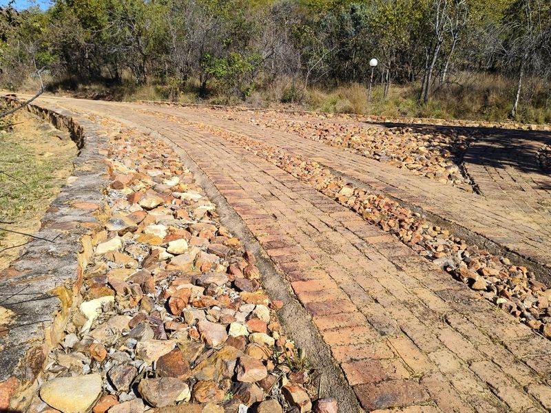 A rustic brick-paved driveway featuring stone-lined drainage channels and a stone retaining wall, set against a natural bushveld landscape.