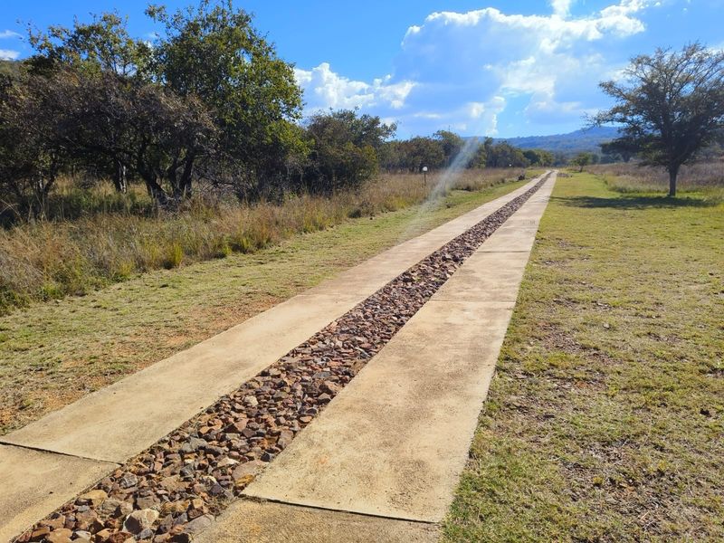 A long concrete driveway featuring a central stone drainage channel, set within a natural, open residential landscape.