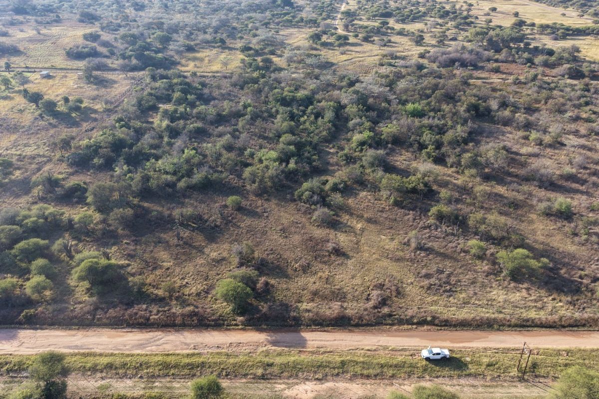 An aerial view of a large, undeveloped residential land plot featuring native vegetation and direct access to a dirt road.