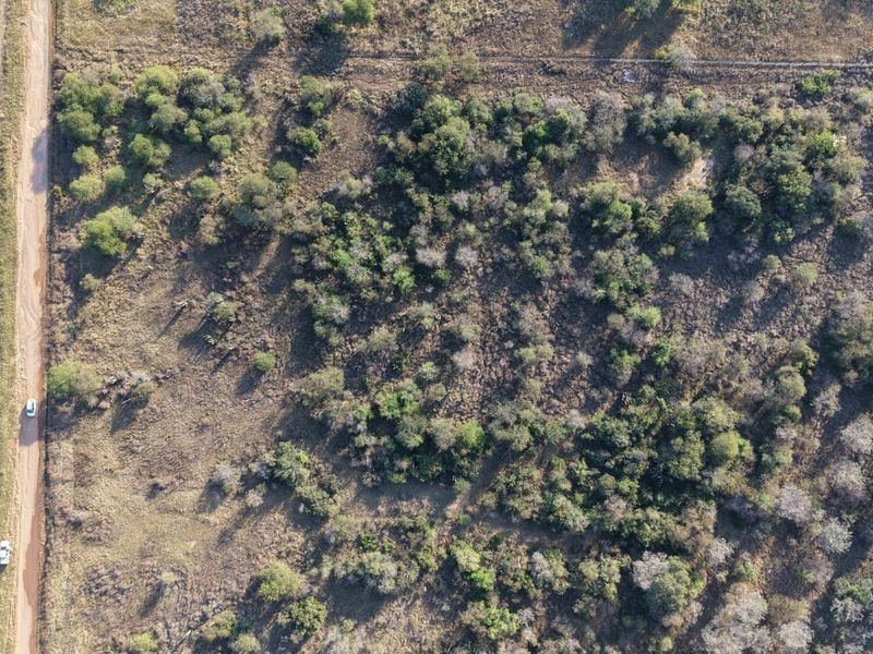 An aerial view of a vacant residential plot featuring natural vegetation and bordering dirt access roads.