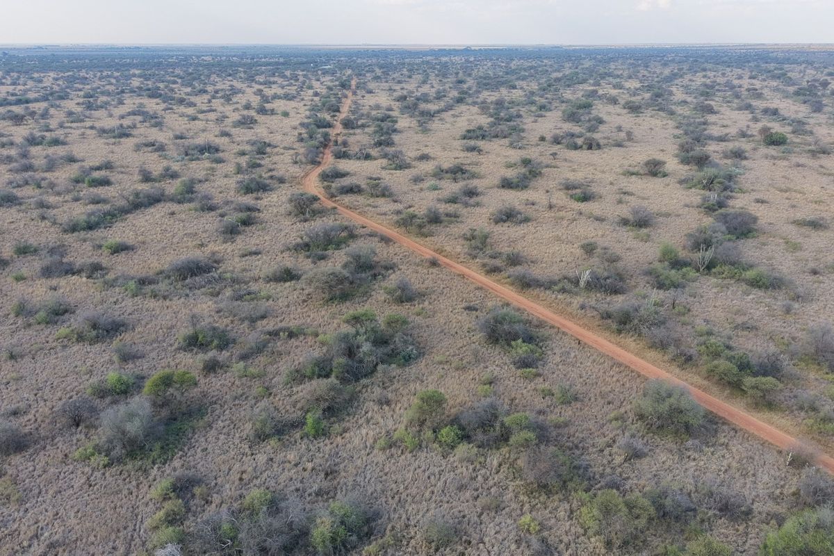 An aerial view of the expansive farm landscape featuring a long dirt access road winding through the natural bushveld terrain.