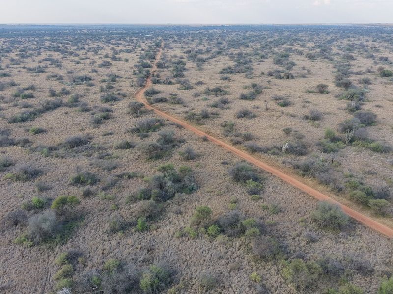 An aerial view of the expansive farm landscape featuring a long dirt access road winding through the natural bushveld terrain.