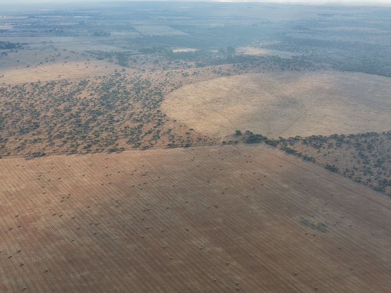 An aerial view of expansive agricultural farmland featuring harvested fields and natural veld vegetation.