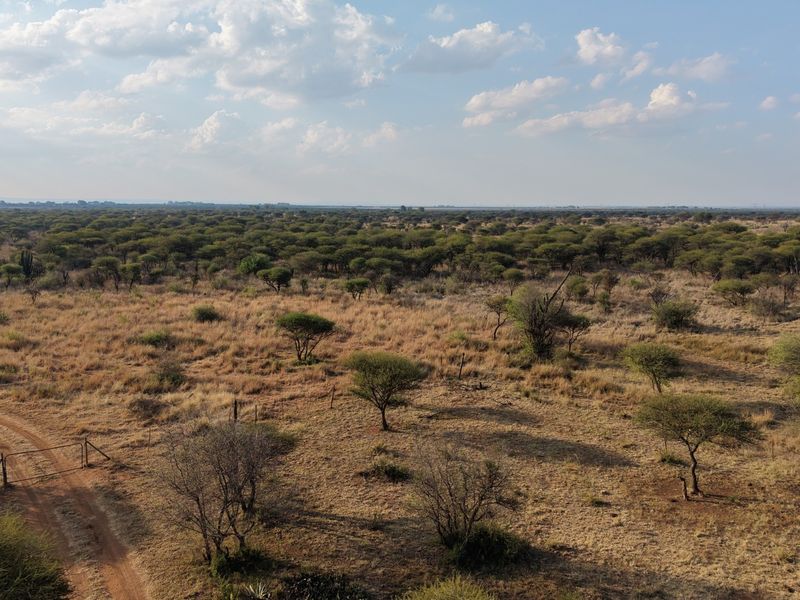 An aerial view of the expansive farm landscape featuring natural vegetation, scattered trees, and a dirt access road with perimeter fencing.