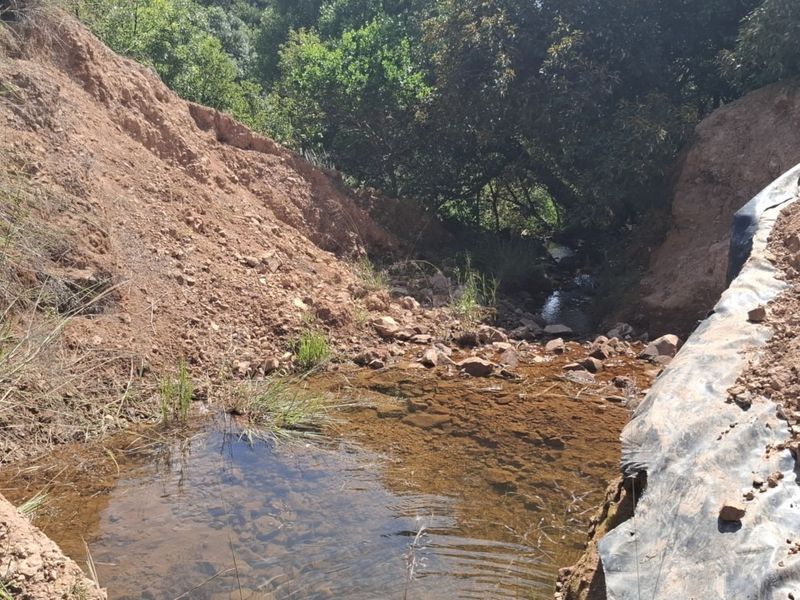 A natural stream flowing through an eroded earth embankment on the farm property.