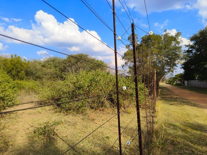 A view of the property boundary featuring an electric fence with metal posts along a dirt road.