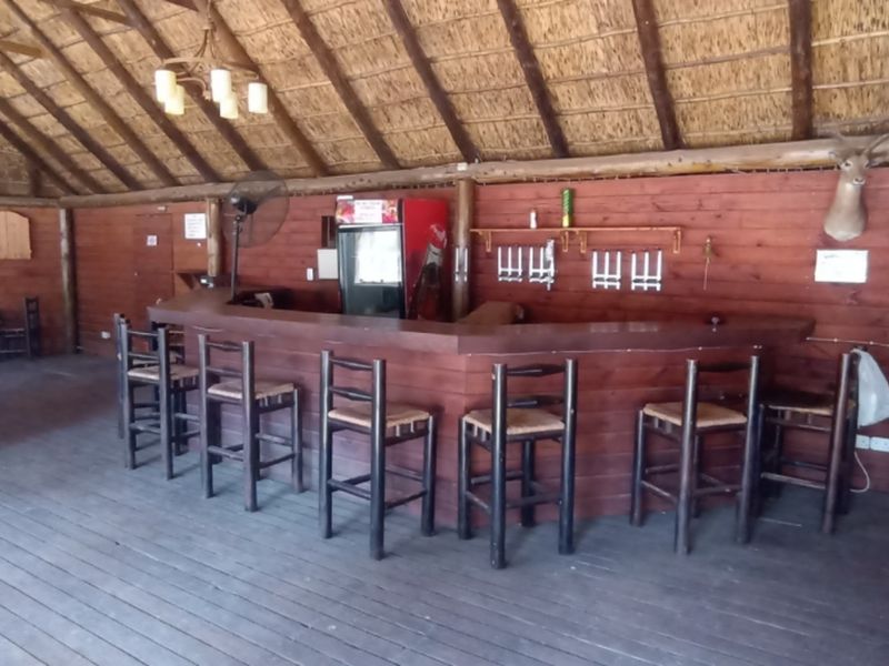 Spacious rustic bar area featuring a thatched roof, exposed timber rafters, wooden wall cladding, and a built-in bar counter on a timber deck.